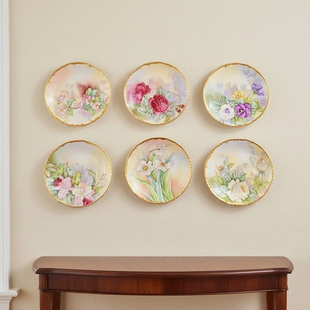 Antique JPL Jean Pouyat Limoges France-Hand Painted-Floral Plates Set 6-Signed
